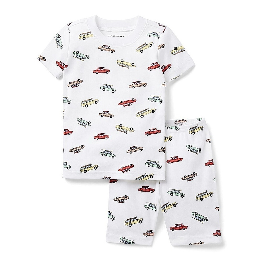 NWT Janie and Jack two piece cotton pajama set white car print size 7